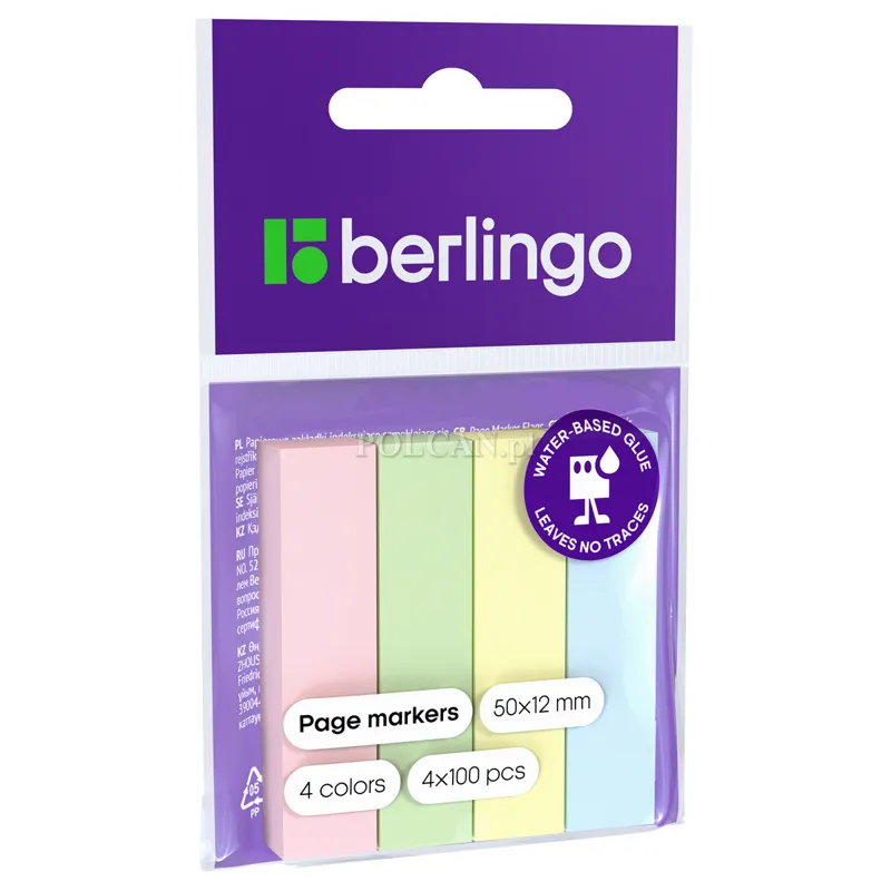 Berlingo Zak�adki indeksuj�ce 12x50mm 4x100 kart. zawieszka 4 kolor pastel 12szt 4260107483175
